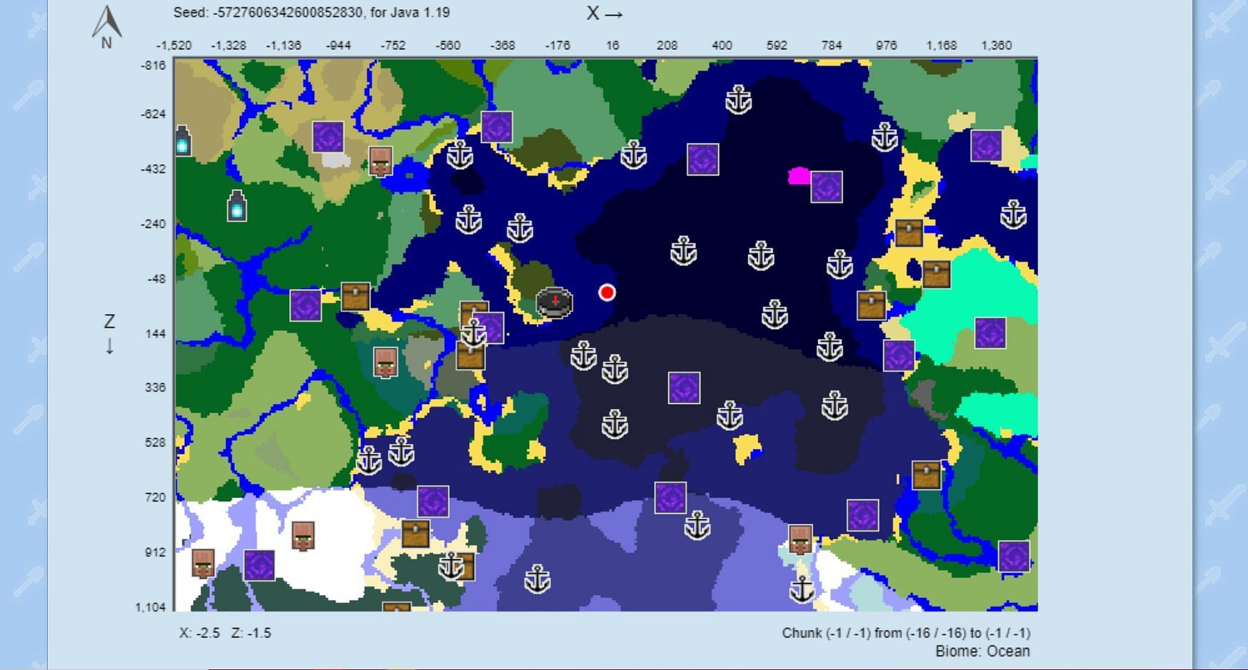 The chunk map based on the seed (Image via ChunkBase)