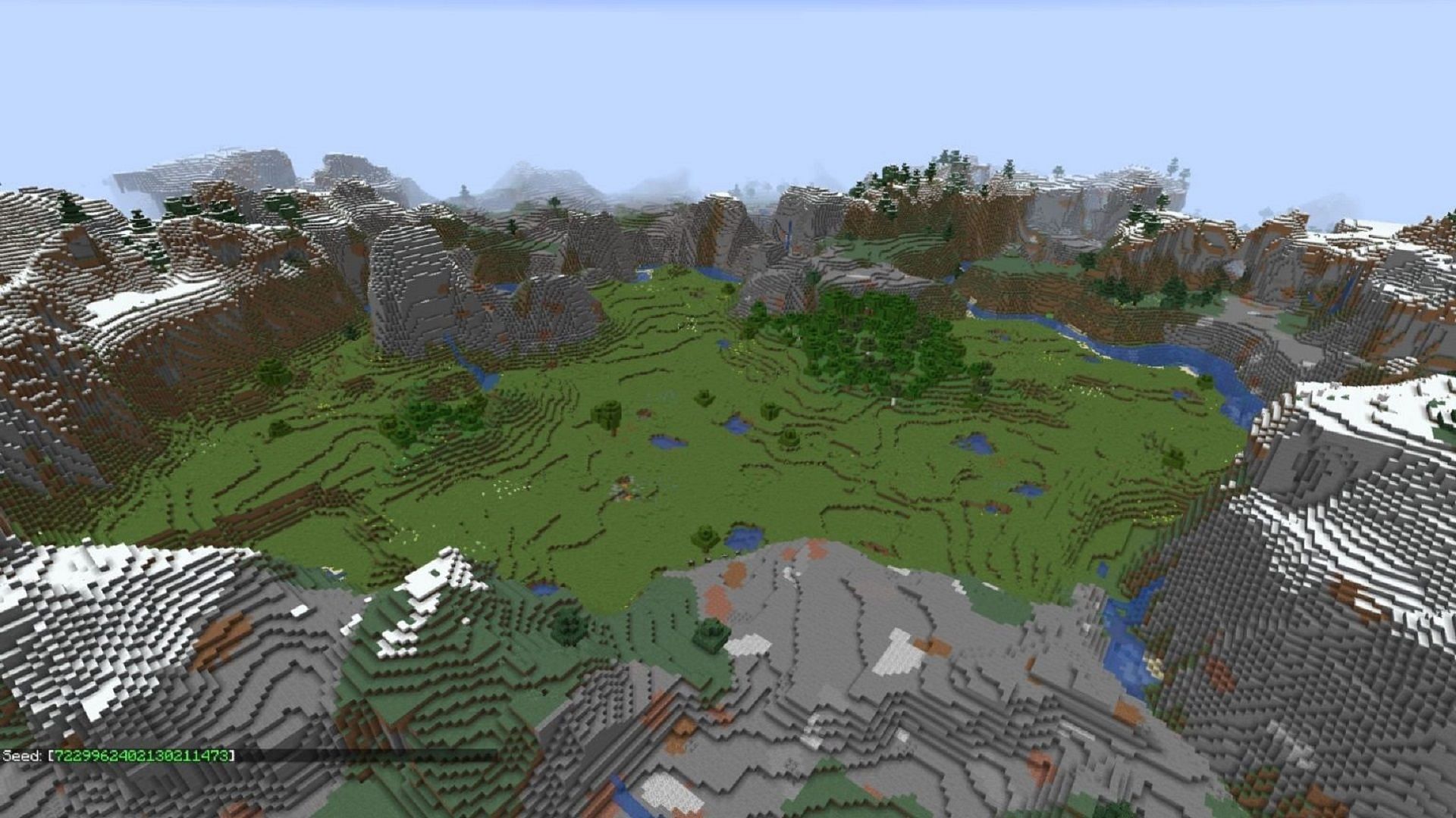 This serene plains biome is surrounded by large mountains (Image via Mojang)