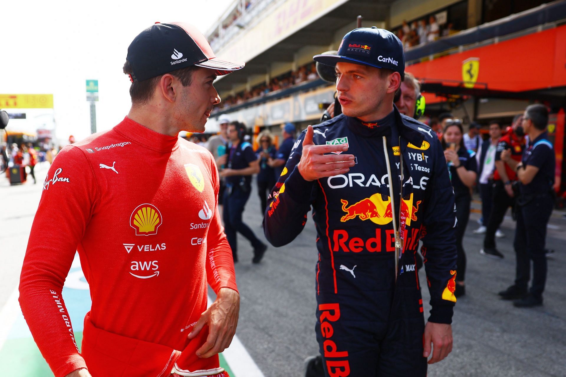 Charles Leclerc and Max Verstappen talk in parc ferme. (Photo by Mark Thompson/Getty Images)