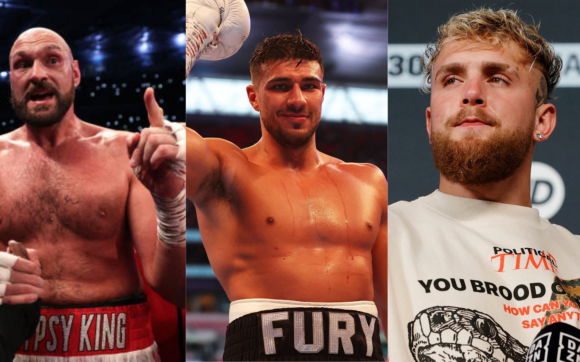 Tyson Fury (left) Tommy Fury (center) and Jake Paul (right)