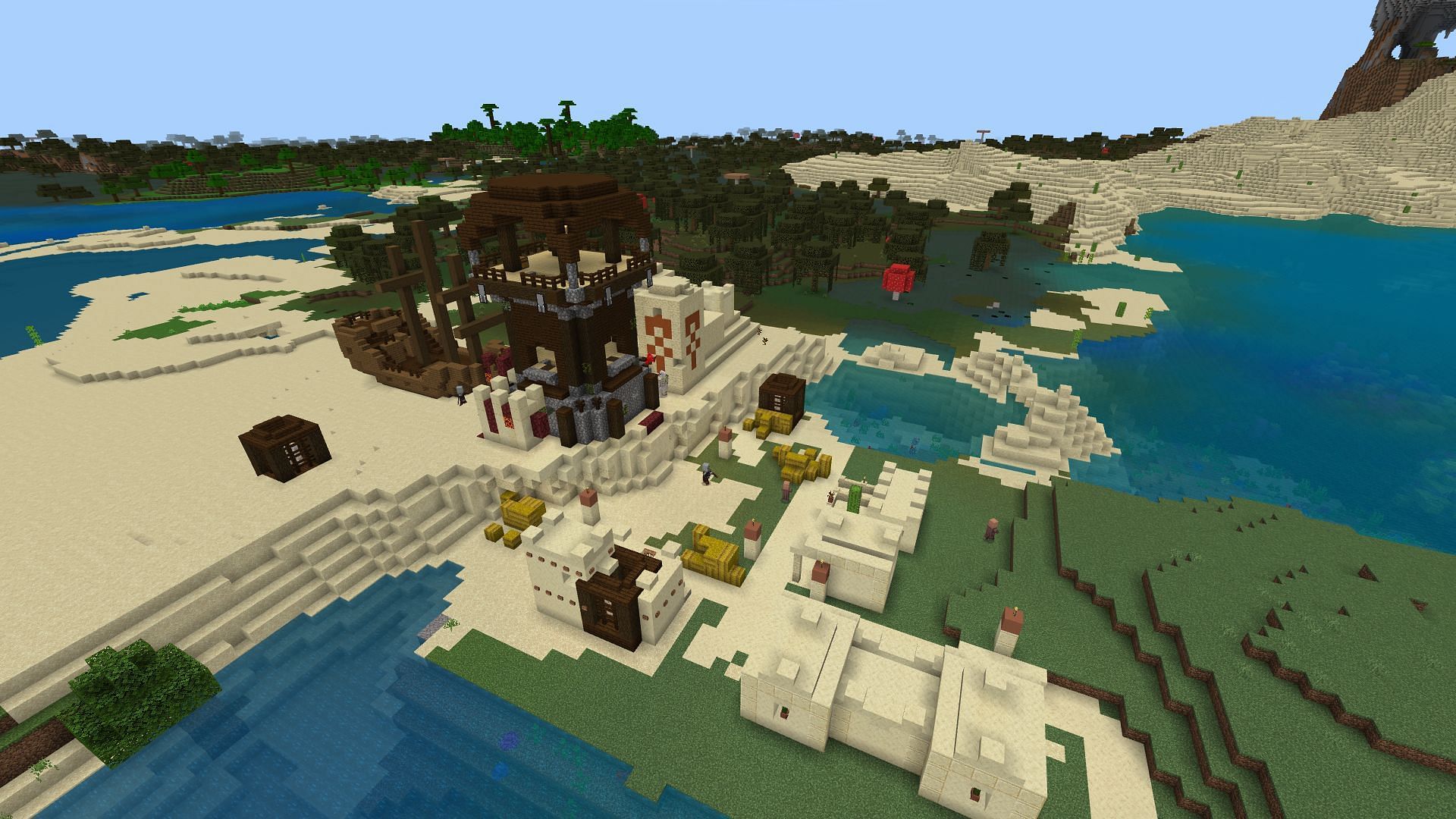 The mess of generated structures found on this seed (Image via Minecraft)