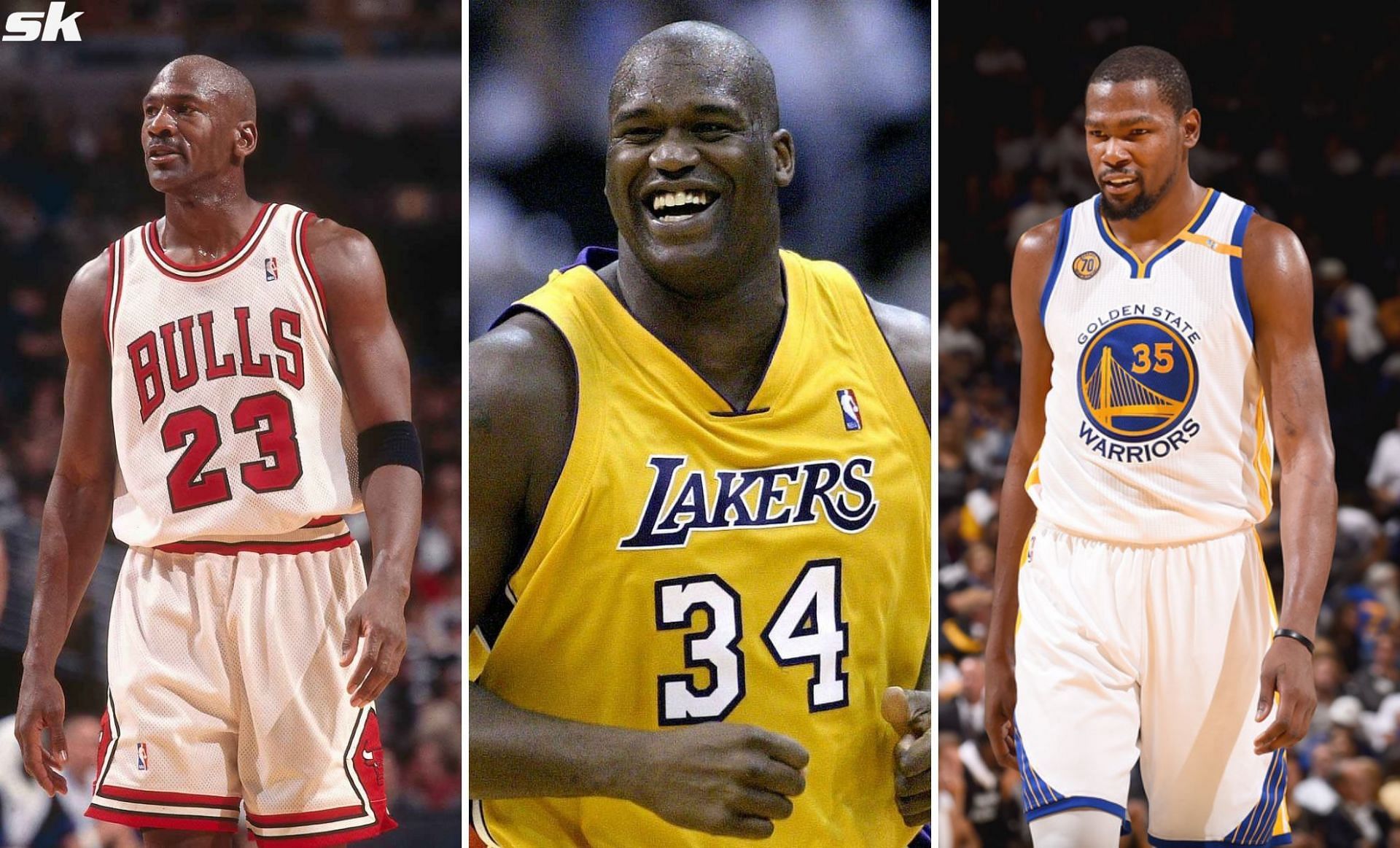 Michael Jordan (L), Shaquille O&#039;Neal (C) and Kevin Durant (R).