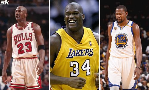 Michael Jordan (L), Shaquille O'Neal (C) and Kevin Durant (R).