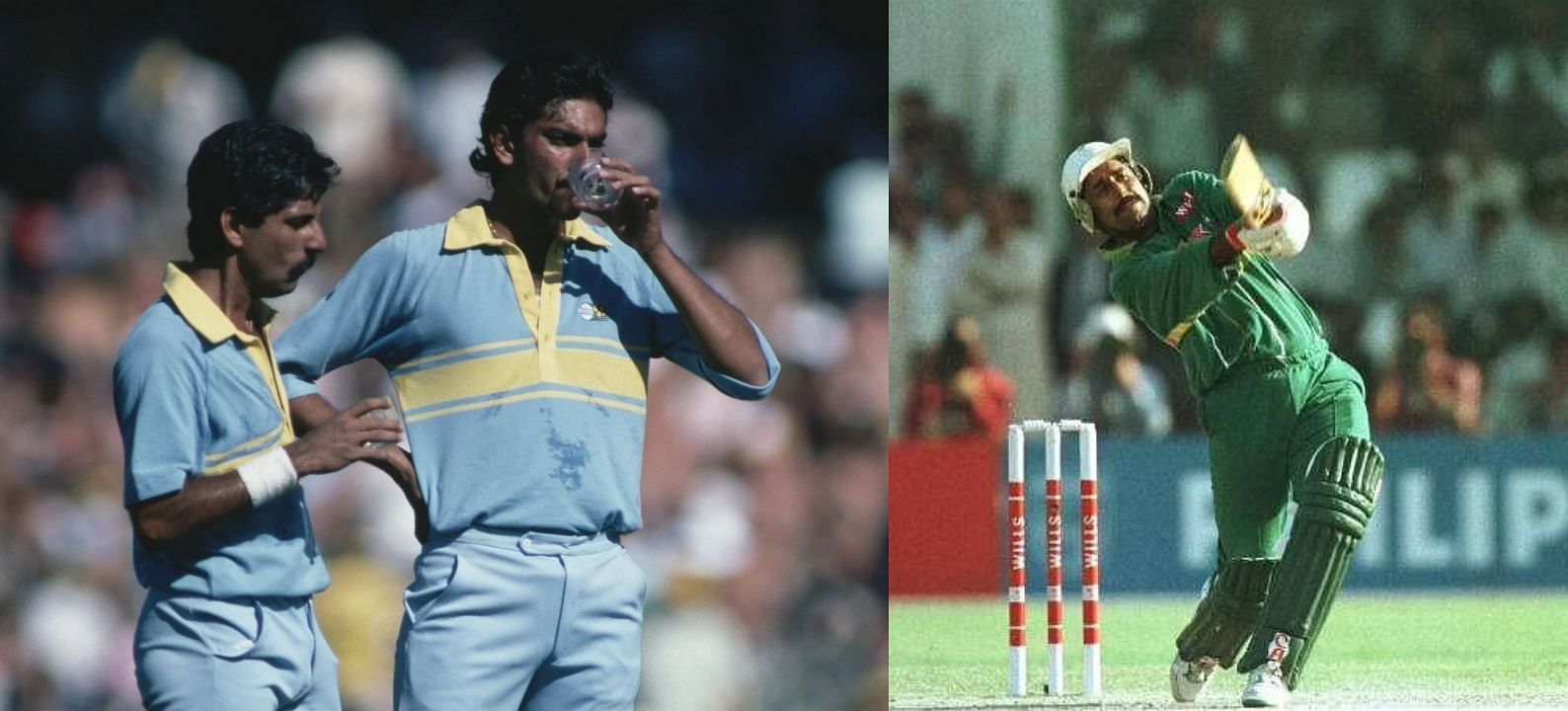 (Left) Kris Srikkanth and Ravi Shastri; (right) Javed Miandad