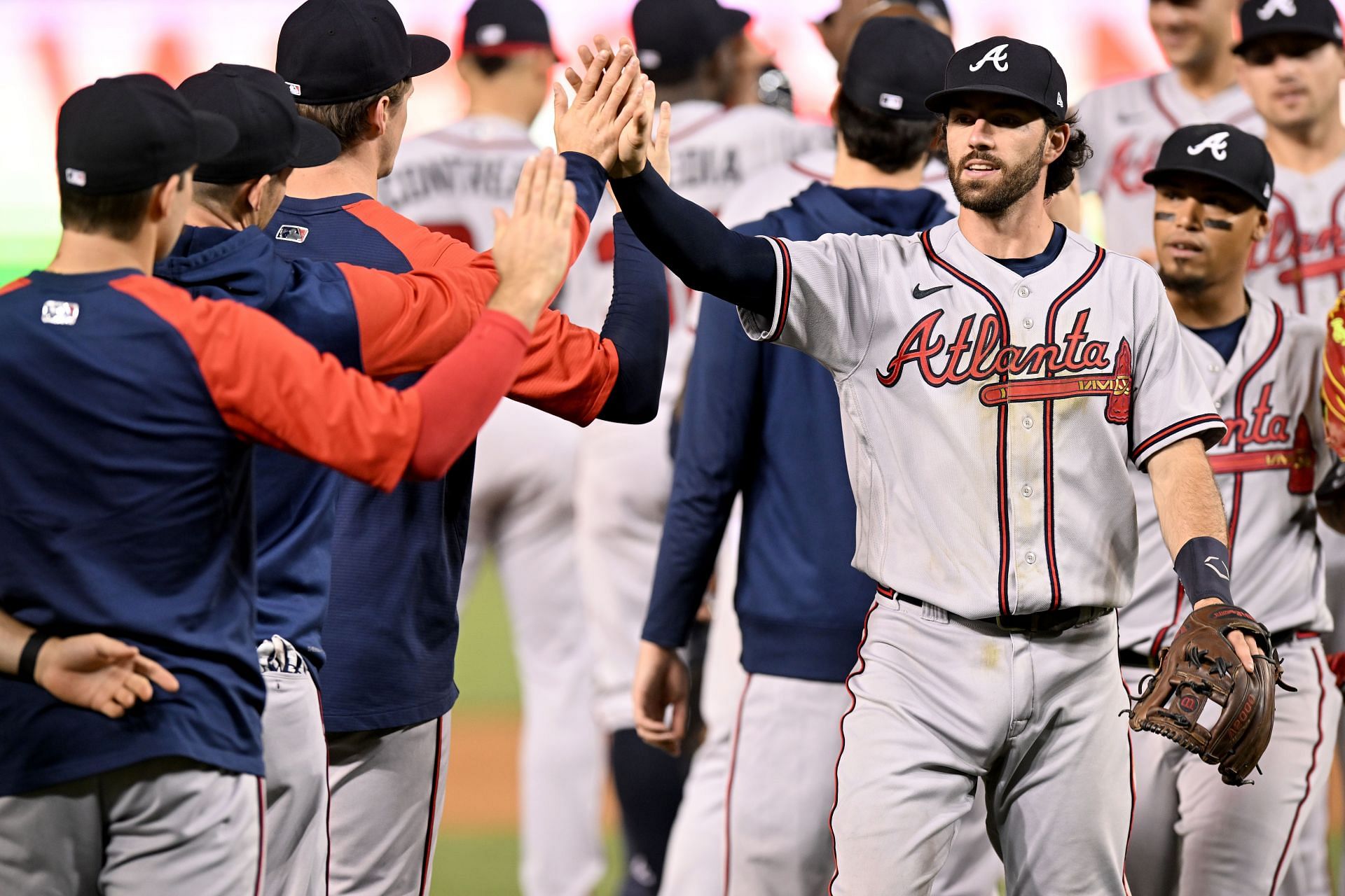 The Atlanta Braves celebrate a win over the Washington Nationals.