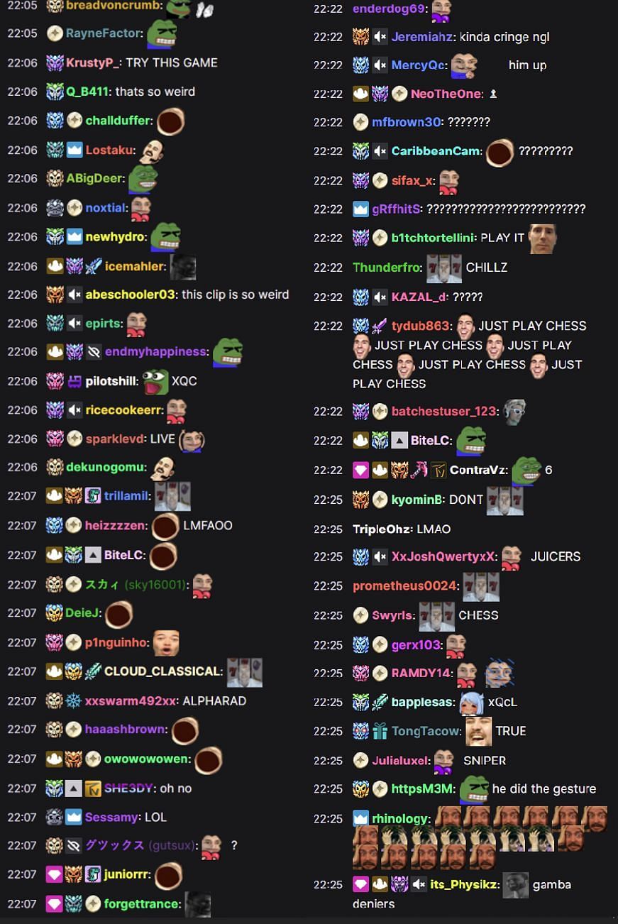 Fans in the Twitch chat reacting to the IRL stream sniper&#039;s message (Image via Twitch chat)