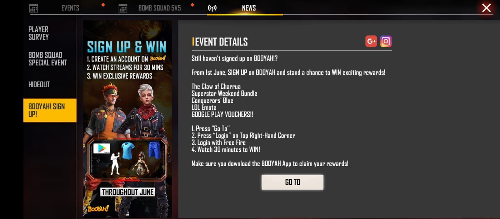 Watch to Win event in Free Fire offers free in-game items to its players (Image via Garena)