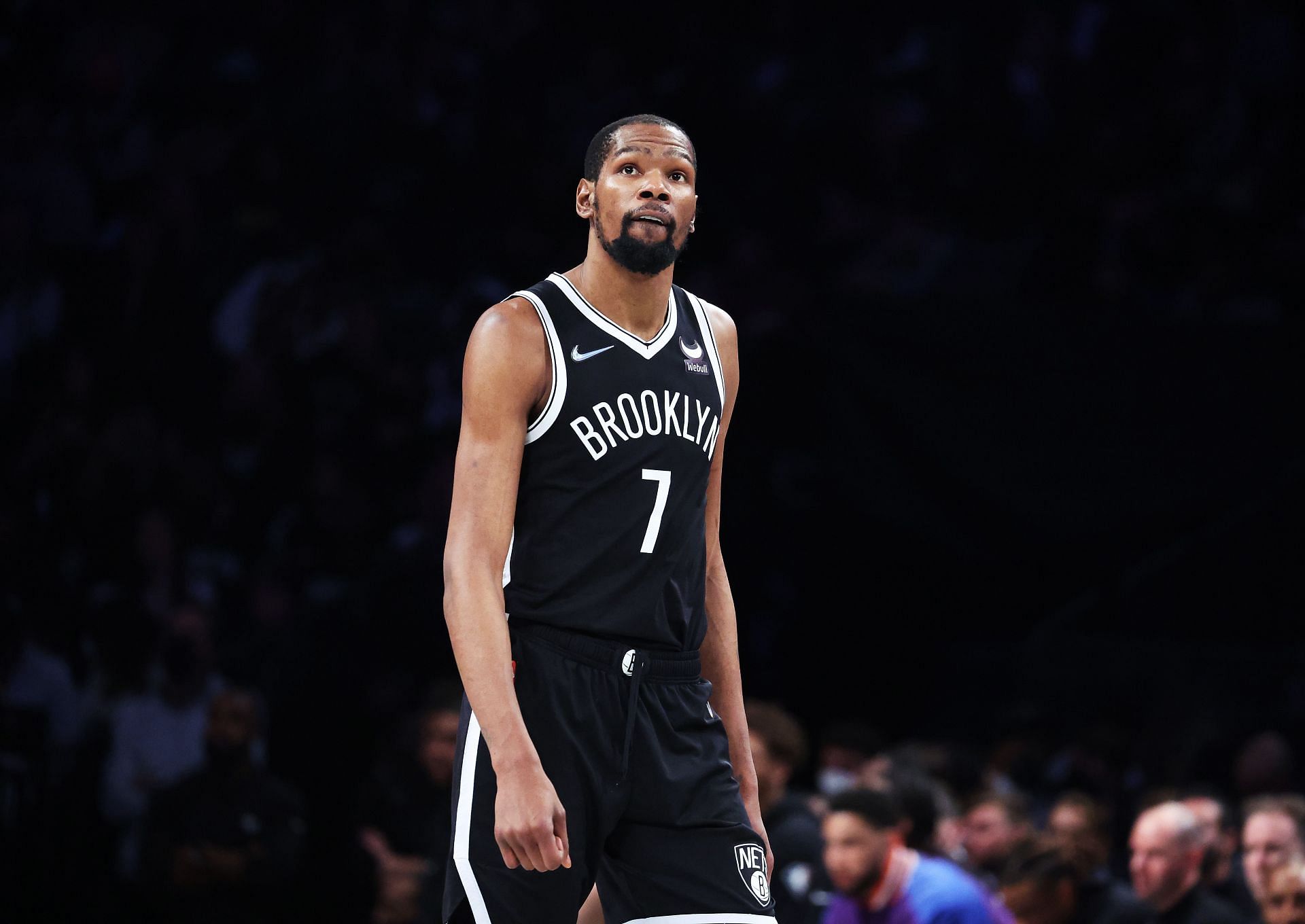 Kevin Durant of the Brooklyn Nets looks on against the Boston Celtics during Game 3 of the Eastern Conference first round at Barclays Center on April 23 in New York City.