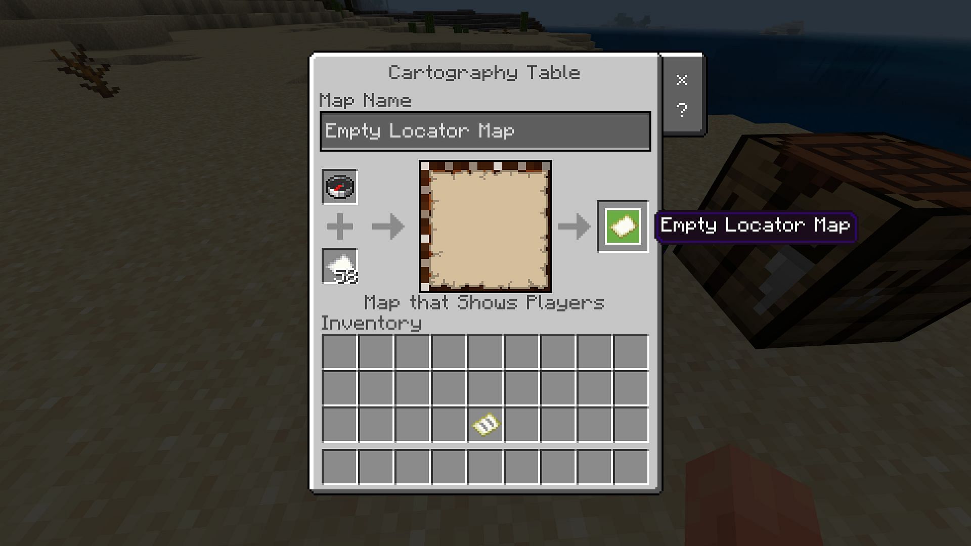 Cartography table recipe for locator map (Image via Minecraft 1.19)
