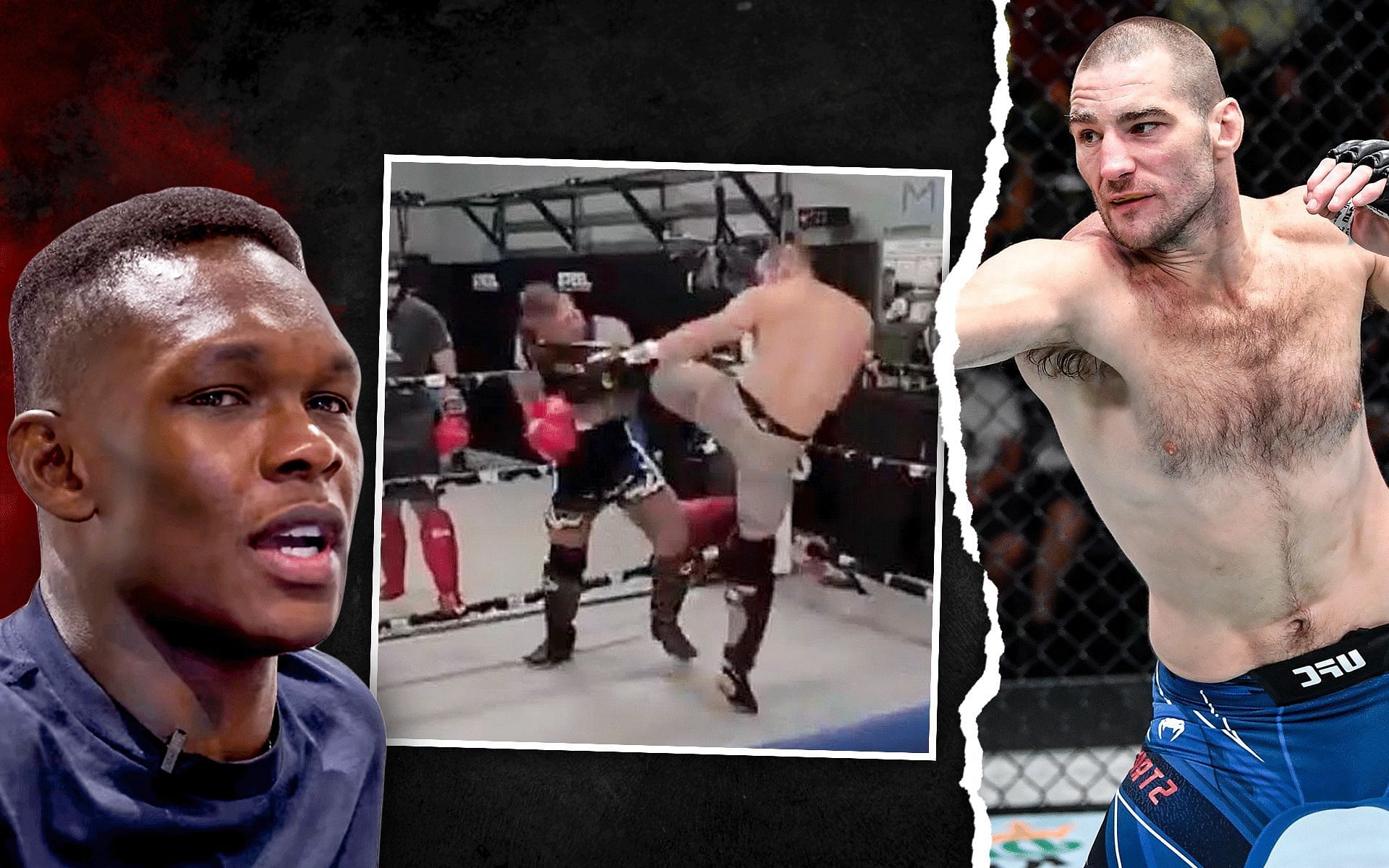 (L to R) Israel Adesanya, Sean Strickland&#039;s sparring footage (via @FREESTYLEBENDER and @The MacLife on YouTube), Sean Strickland