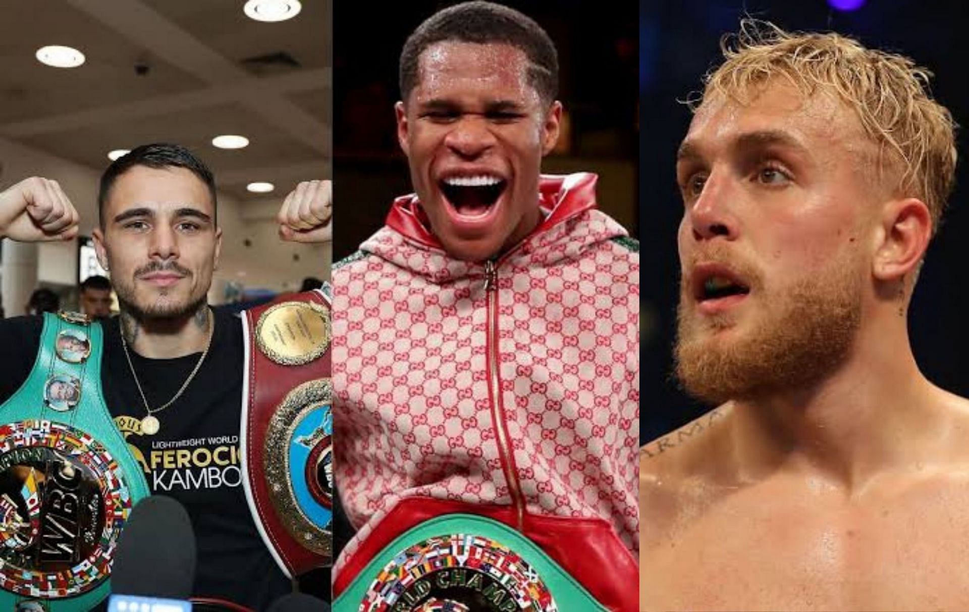 (L-R) George Kambosos Jr., Devin Haney, and Jake Paul