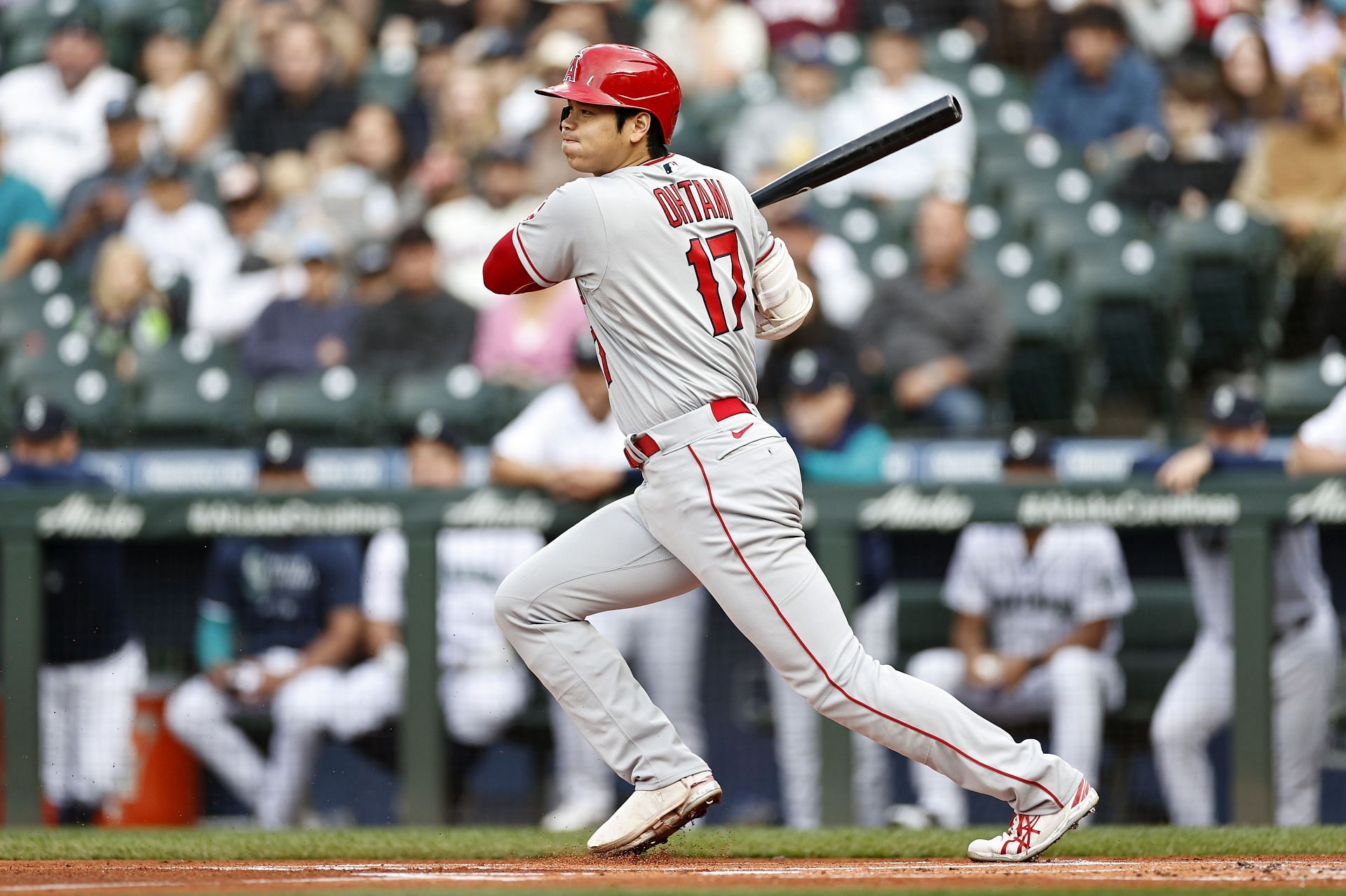 Ohtani bats for the Los Angeles Angels against the Seattle Mariners.