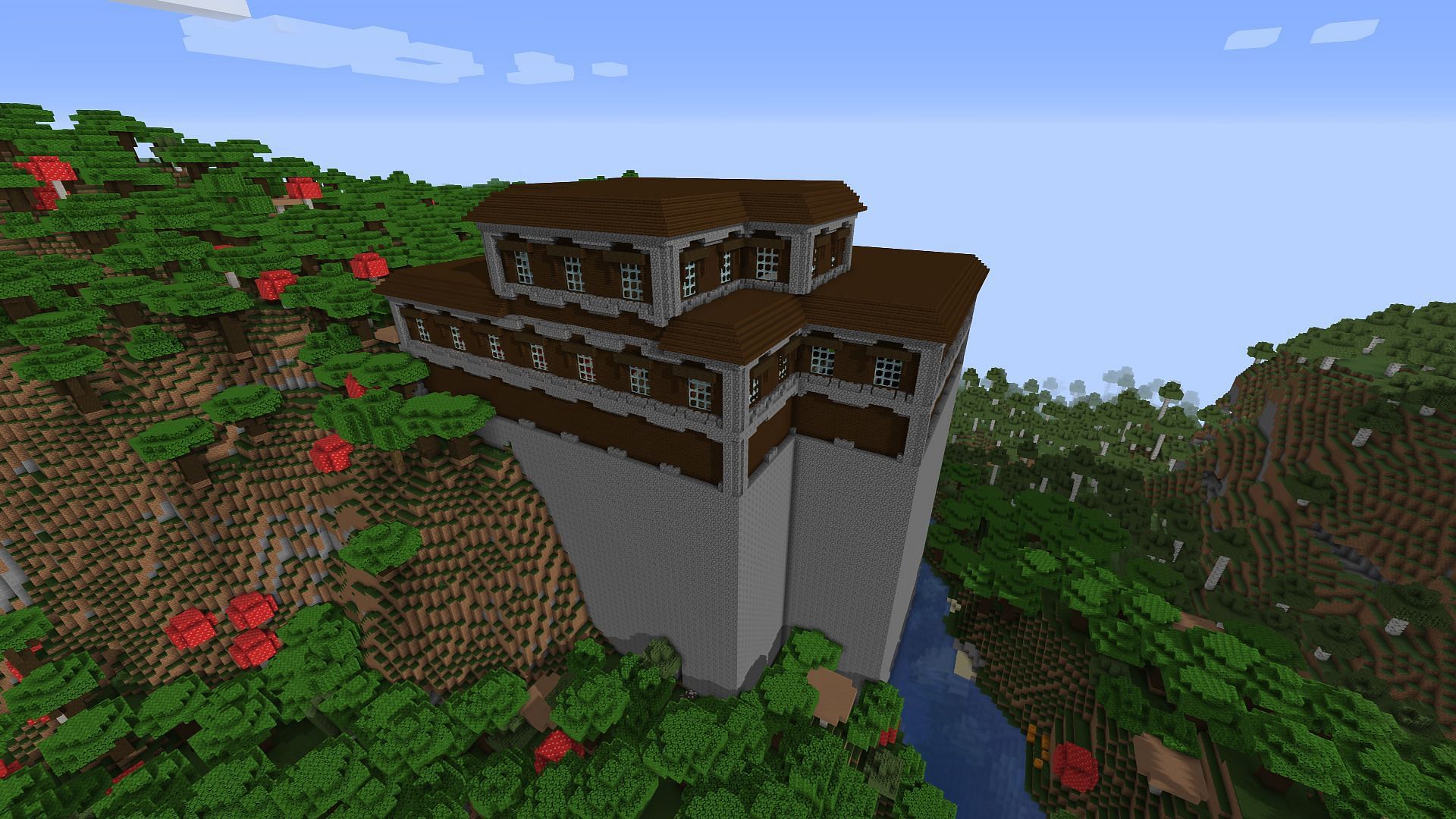 The woodland mansion for the seed spawned on a cliff (Image via Minecraft)