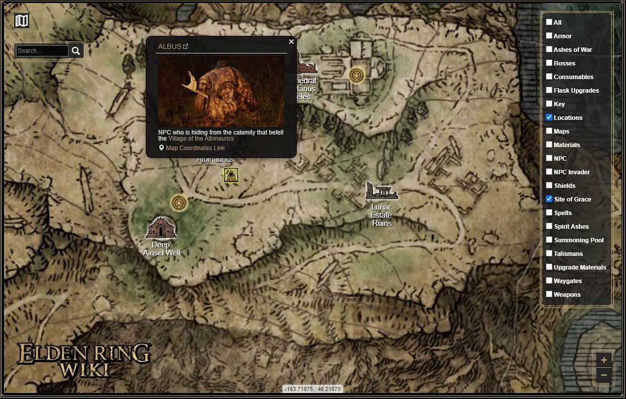 The map shows the roads that lead to Old Albus through Liurnia of the Lakes (Image via FromSoftware Inc.)
