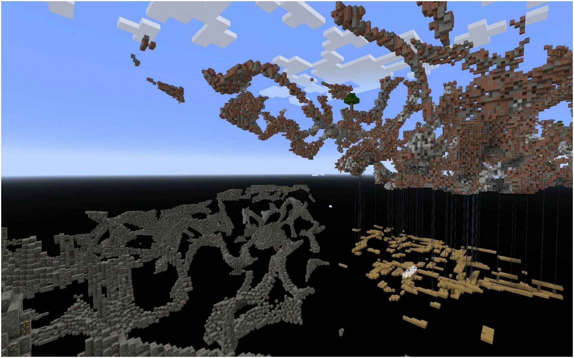 An iron ore vein (left) and copper ore vein top right) with a mineshaft (Image via Mojang)