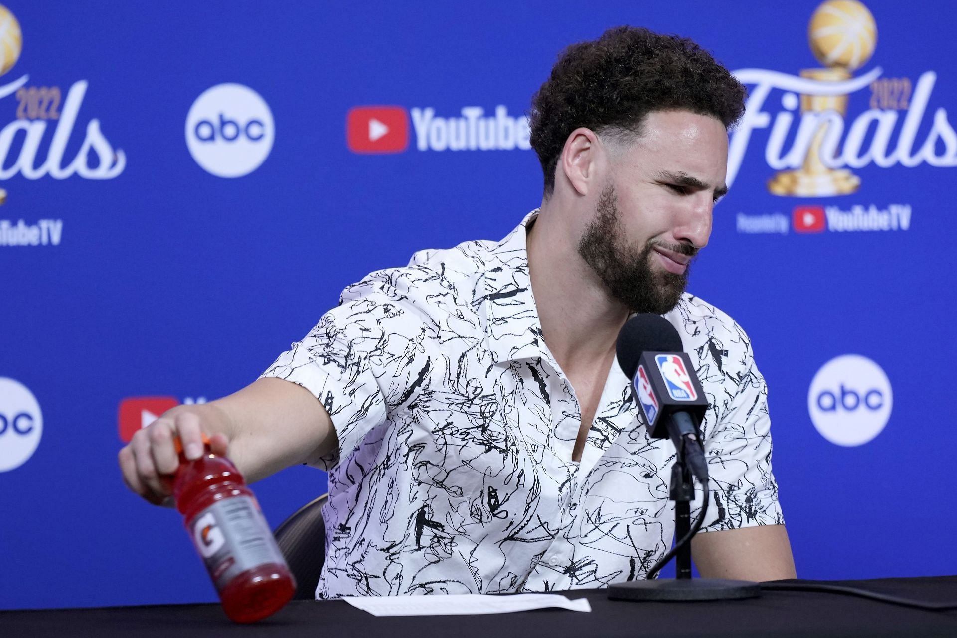 Klay Thompson during 2022 NBA Finals - Game Five media session