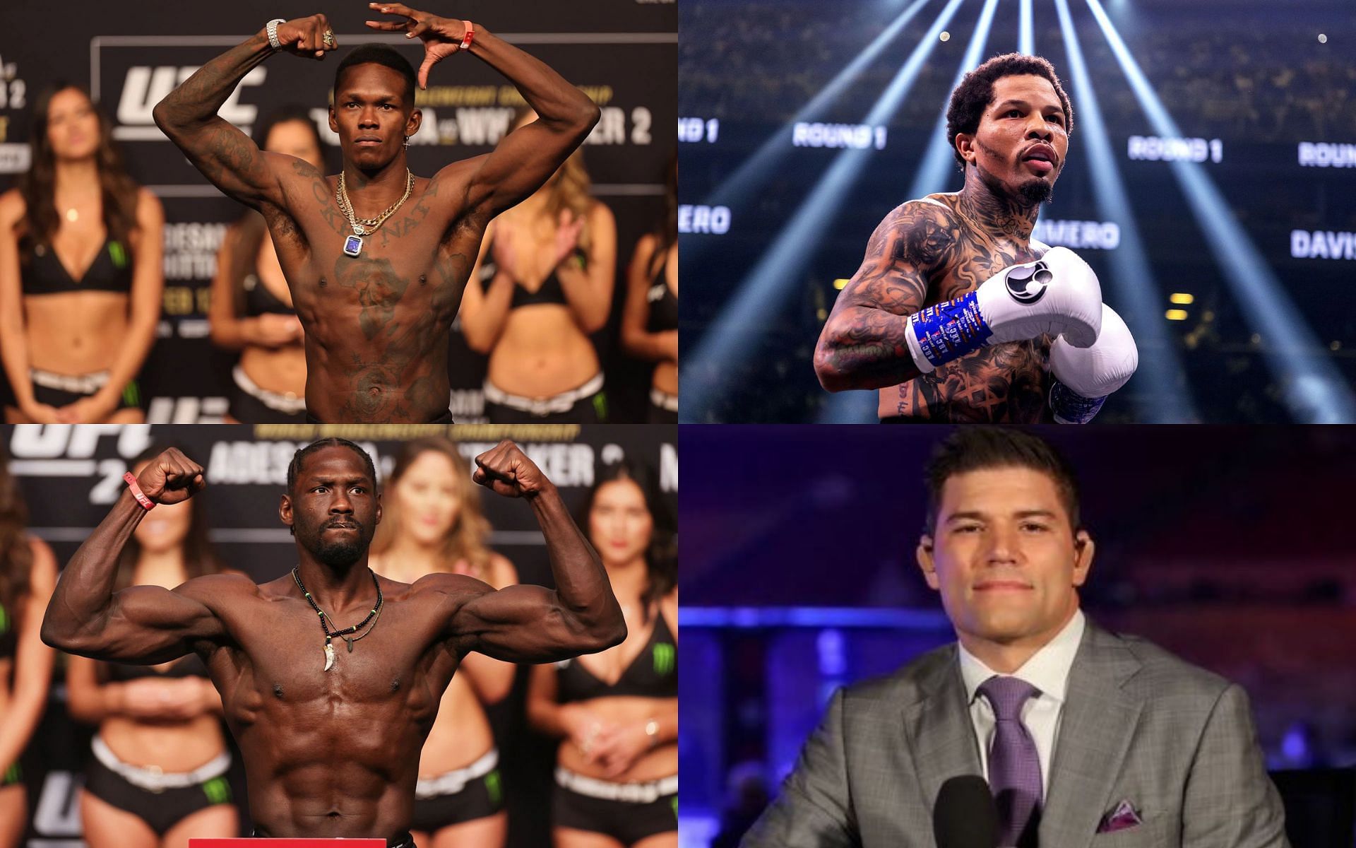 Israel Adesanya (top left), Gervonta Davis (top right), Jared Cannonier (bottom left), and Josh Thomson (bottom right) [Images courtesy of Getty and @therealpunk Twitter]