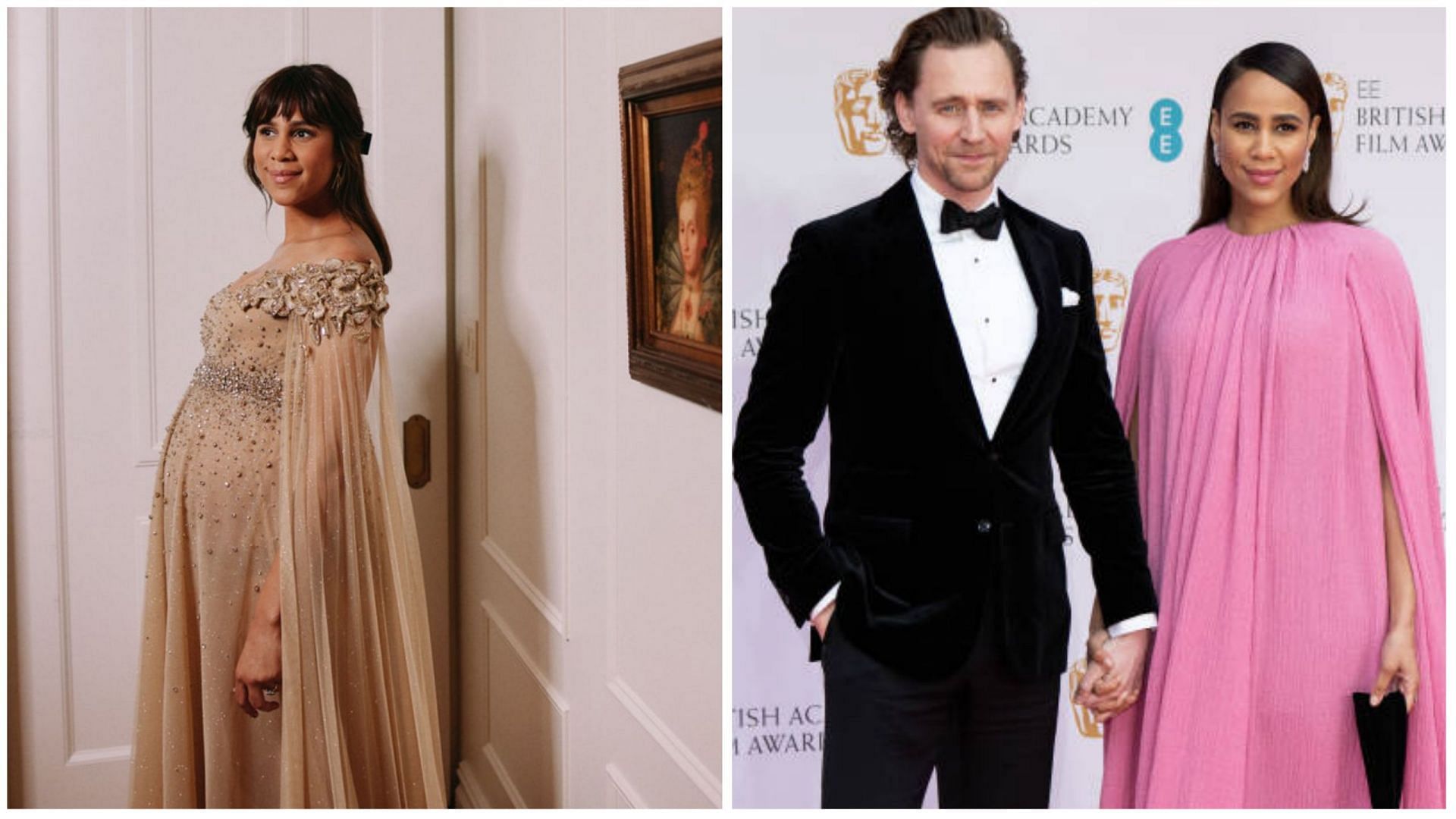 Tom Hiddleston&#039;s fiance, Zawe Ashton, debuted her baby bump at the premiere of her new movie (Image via @updatesofTH_/Twitter and Jeff Spicer/Getty Images)