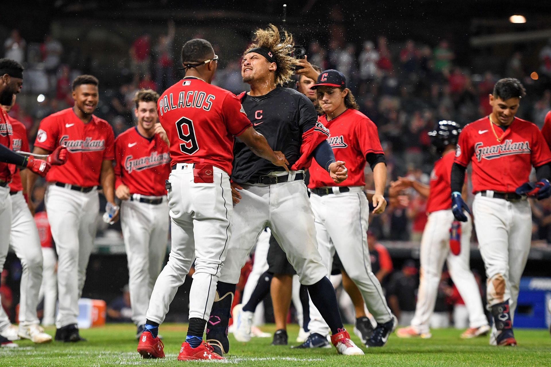 Guardians teammates celebrate Naylor&#039;s walk-off, Minnesota Twins v Cleveland Guardians.