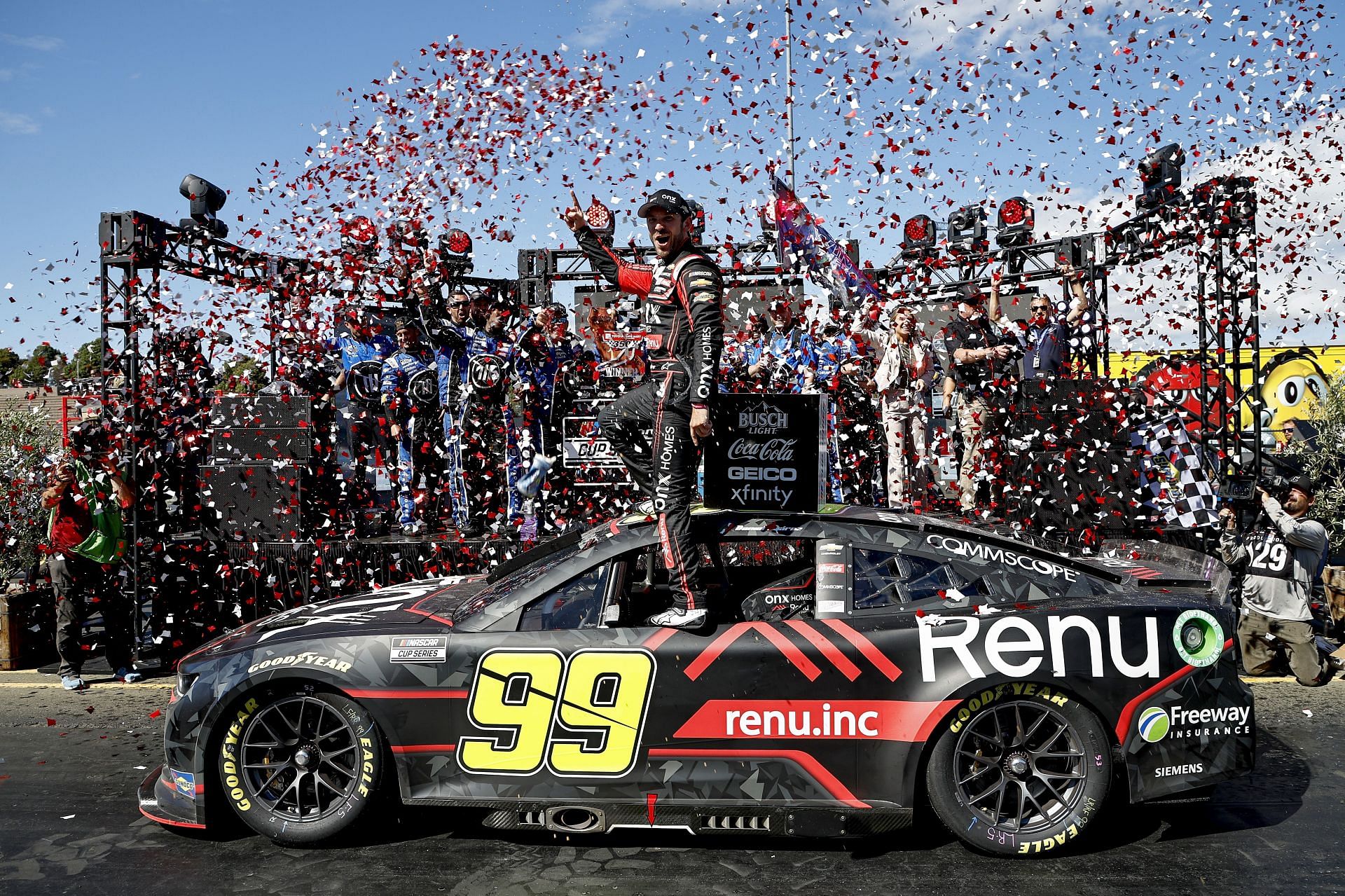 Daniel Suarez celebrates in victory lane after winning the NASCAR Cup Series Toyota/Save Mart 350 at Sonoma Raceway (Photo by Chris Graythen/Getty Images)
