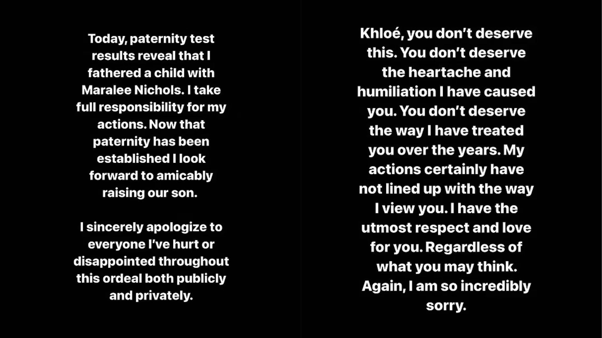 The NBA player also apologized publicly to his other baby mama Khlo&eacute; Kardashian (Image via Tristan Thompson/Instagram)