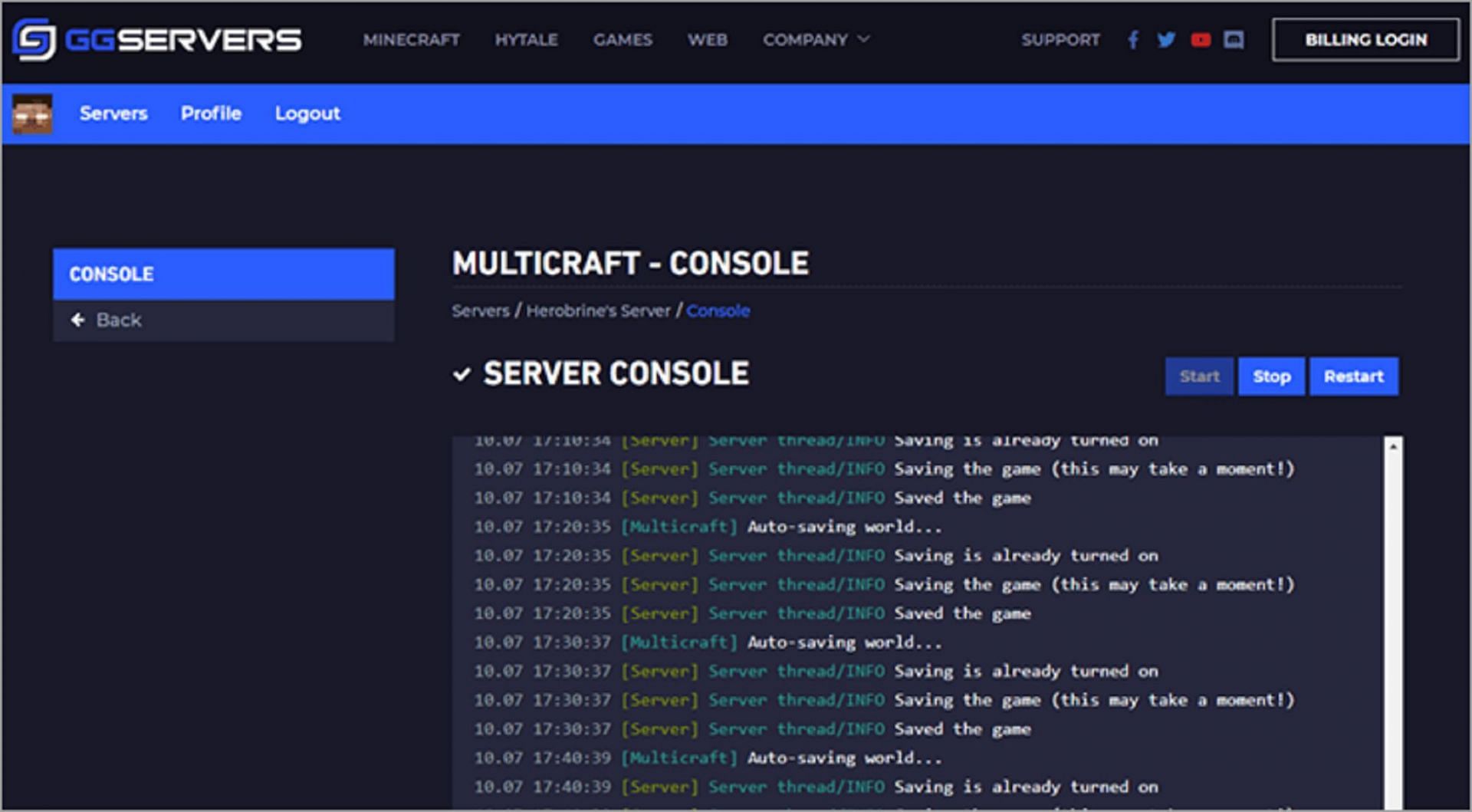 GGServers&#039; server console screen (Image via GGservers.com)