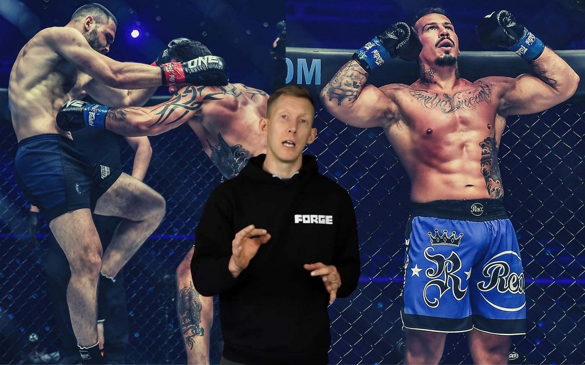 Former Glory featherweight champ and YouTube fight analyst Gabriel Varga (center) provides an analysis of Guto Inocente&#039;s (right) body jab KO of Rade Opacic at ONE 158. (Images courtesy: ONE Championship, Gabriel Varga&#039;s YouTube channel)