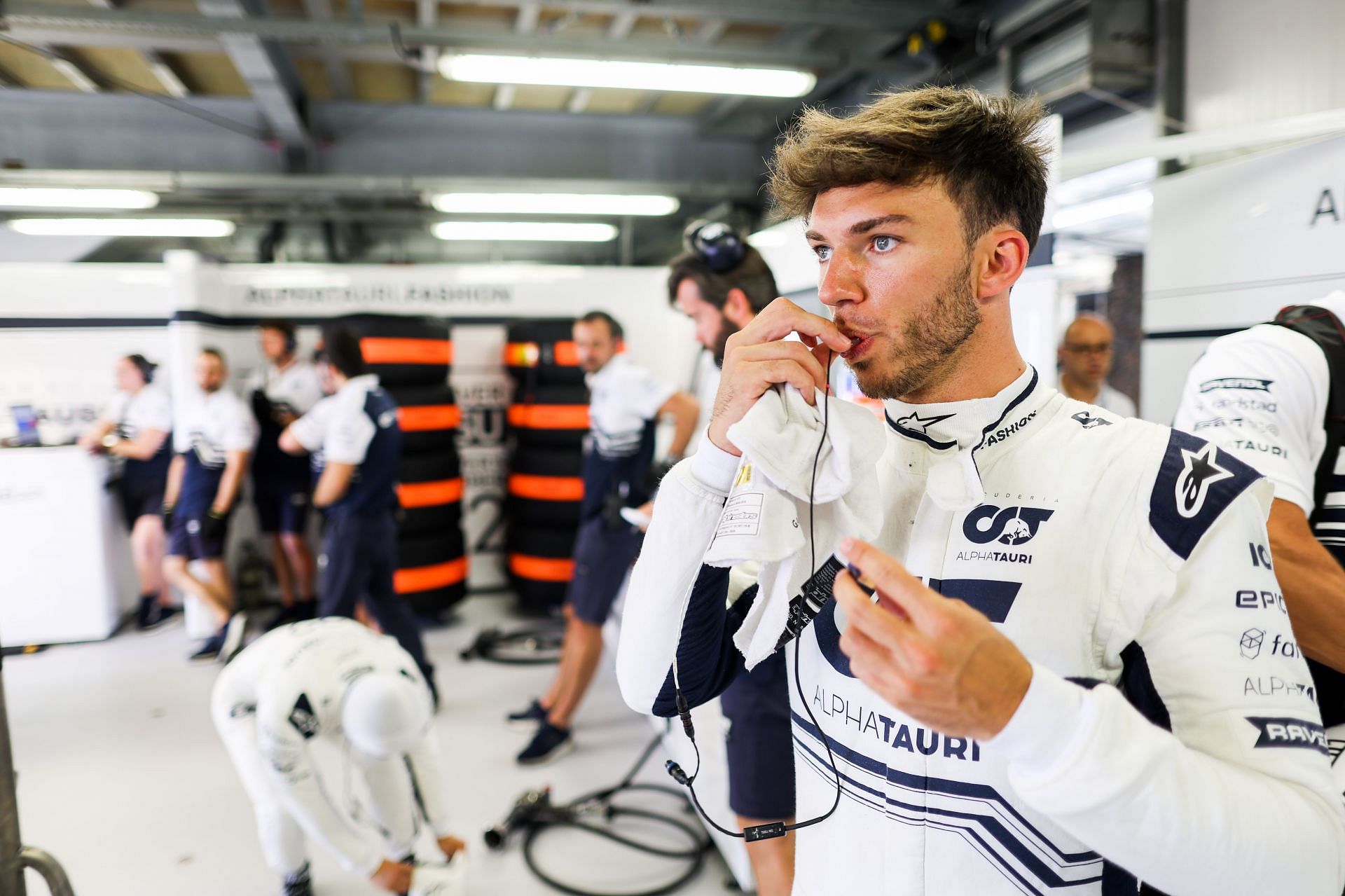 Gasly in the AlphaTauri garage during the 2022 F1 Monaco GP weekend. (Photo by Peter Fox/Getty Images)