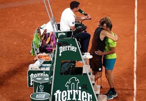 Thirteen-time French Open champion Rafael Nadal and Alexander Zverev share a hug as the World No. 3 retires.