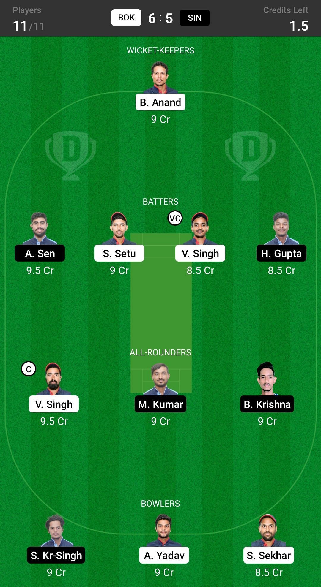 Dream11 Fantasy team for BOK vs SIN