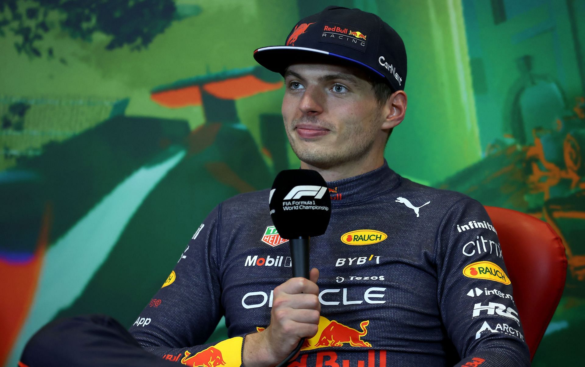 Red Bull driver Max Verstappen speaks to the media after winning the 2022 F 1 Azerbaijan GP (Photo by Bryn Lennon/Getty Images)