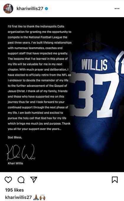 Have other NFL players like Khari Willis retired for religious