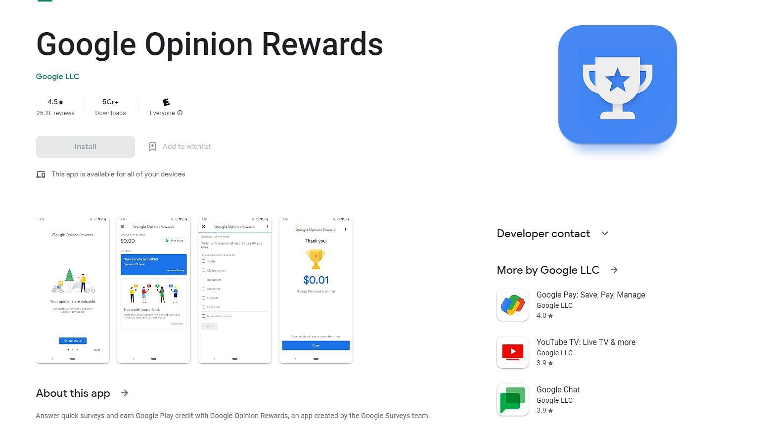 Google Opinion Rewards may also be used by gamers (Image via Google Play Store)