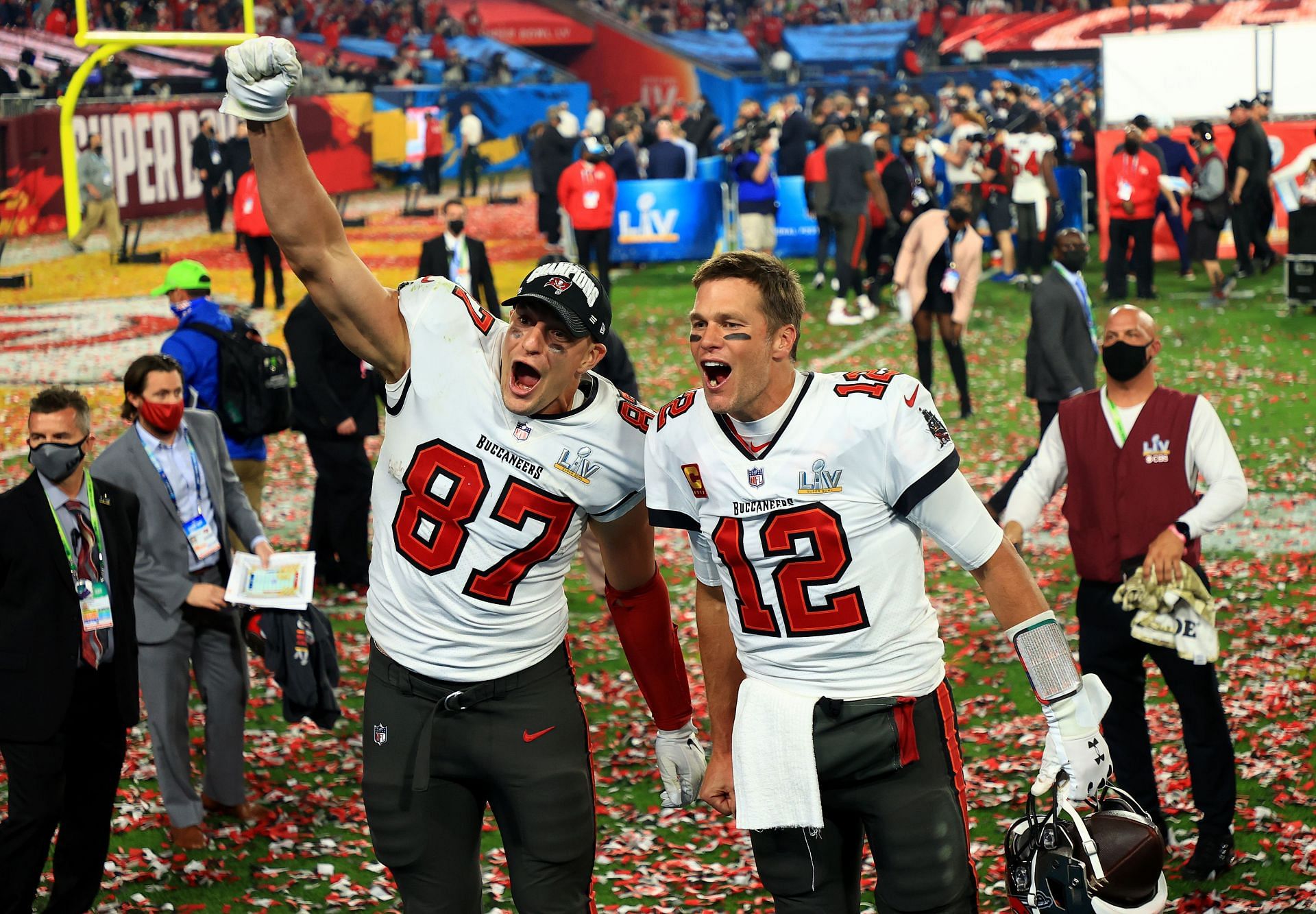 TE Rob Gronkowski (87) and QB Tom Bray (12) after the Buccaneers won Super Bowl LV