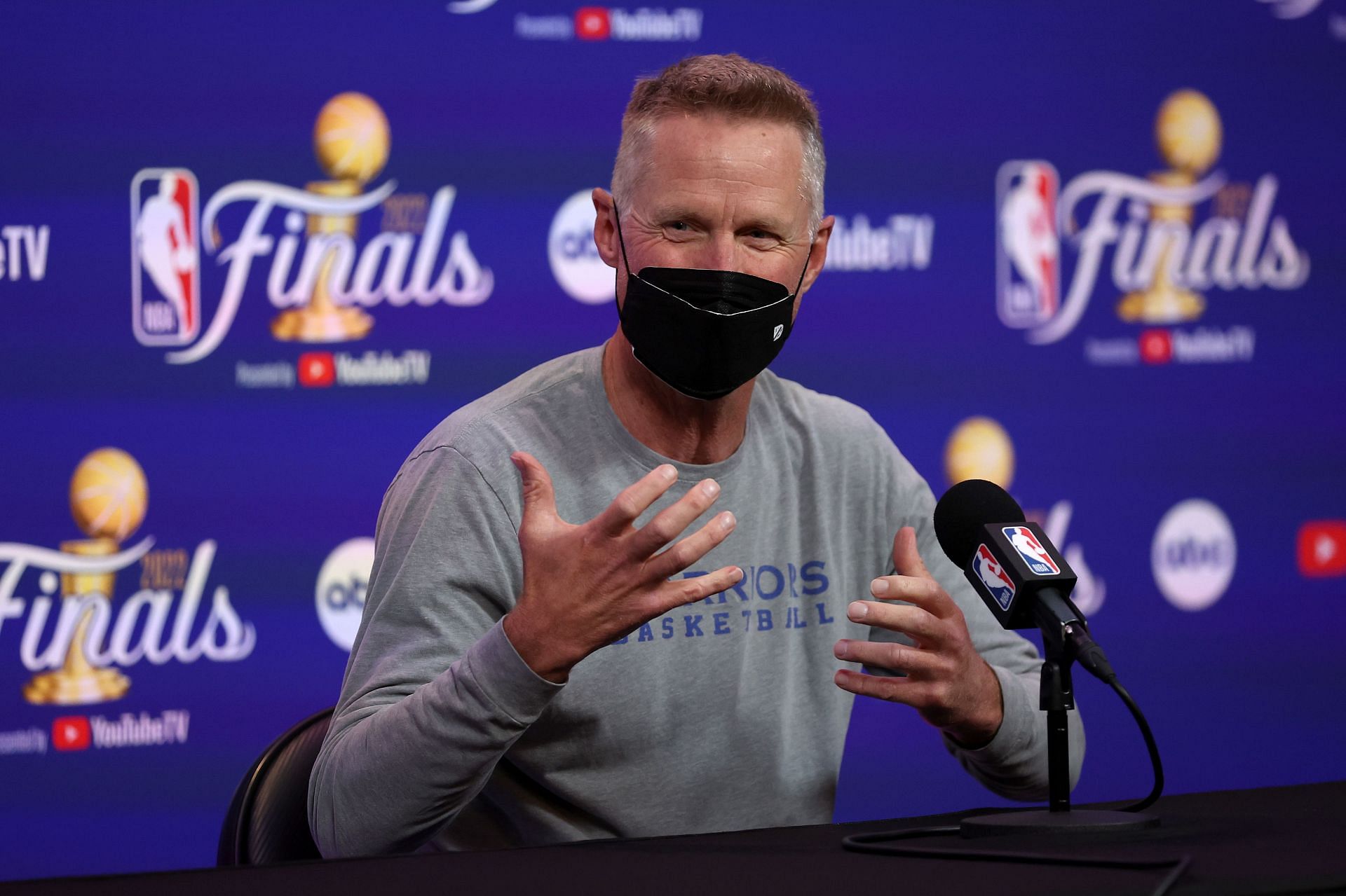 Coach Steve Kerr of the Golden State Warriors speaks at the 2022 NBA Finals media day.