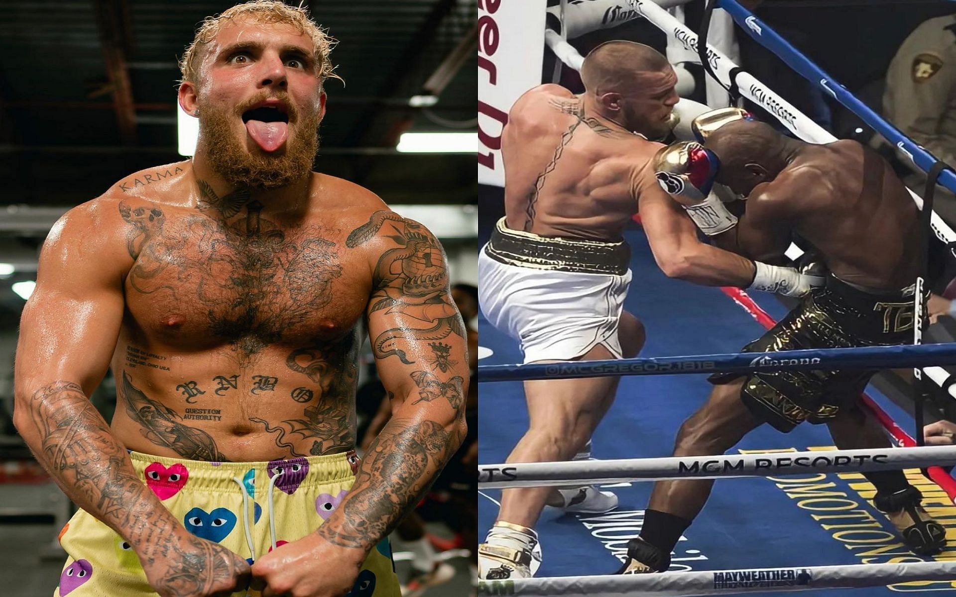 Jake (left) McGregor vs. Mayweather (right) (Credits Instagram @thenotoriousmma and @jakepaul)