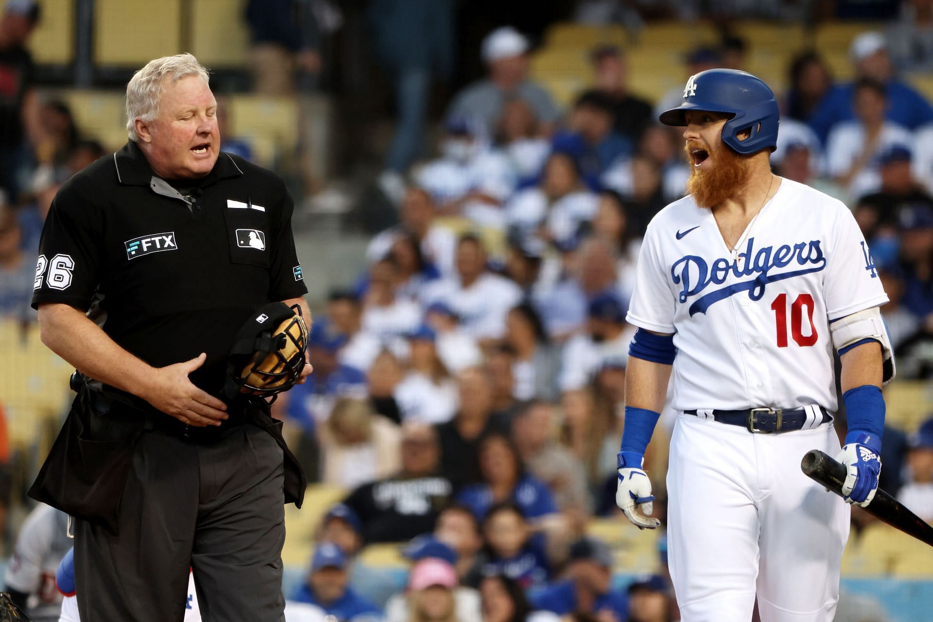 Dodger Justin Turner disputes the ump at a Los Angeles Dodgers v Detroit Tigers game. 