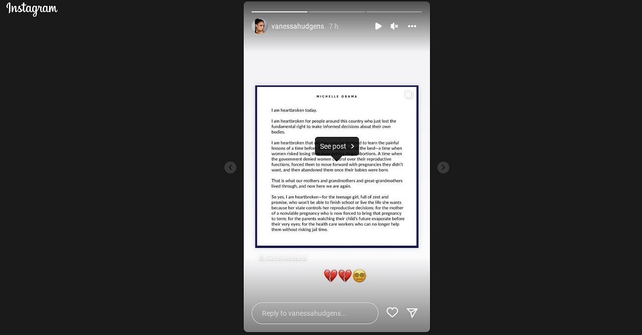 Vanessa Hudgens reposts Michelle Obama&#039;s story.