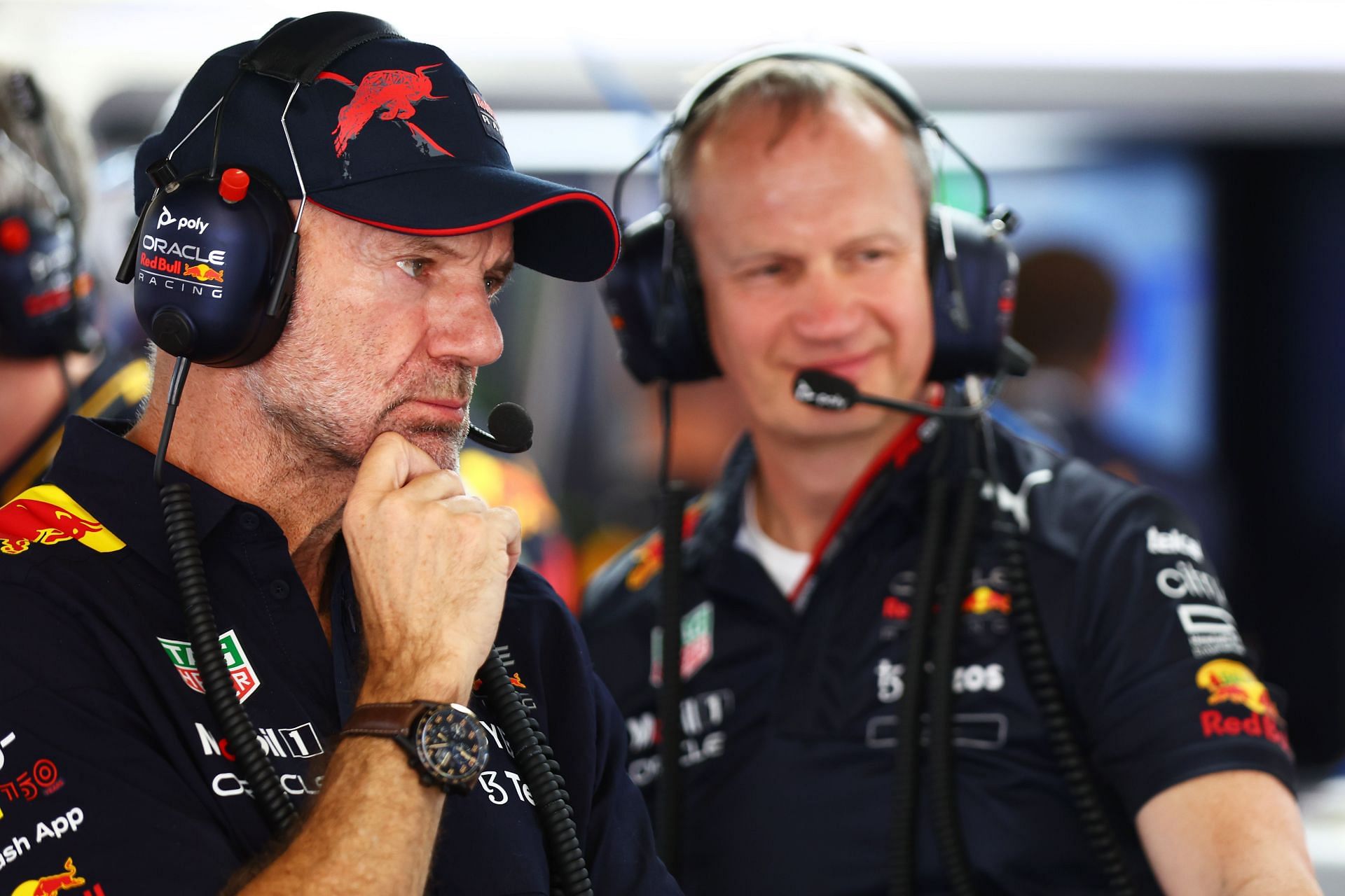 Red Bull&#039;s chief technical officer Adrian Newey (left) and the head of car engineering Paul Monaghan (right) at the 2022 F1 Spanish GP (Photo by Mark Thompson/Getty Images)