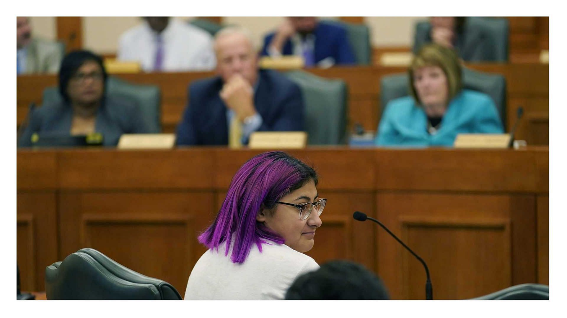 The sister of an Uvalde victim gave a speech supporting tighter gun laws at the Texas State Capitol on Thursday (image via Eric Gay/AP)