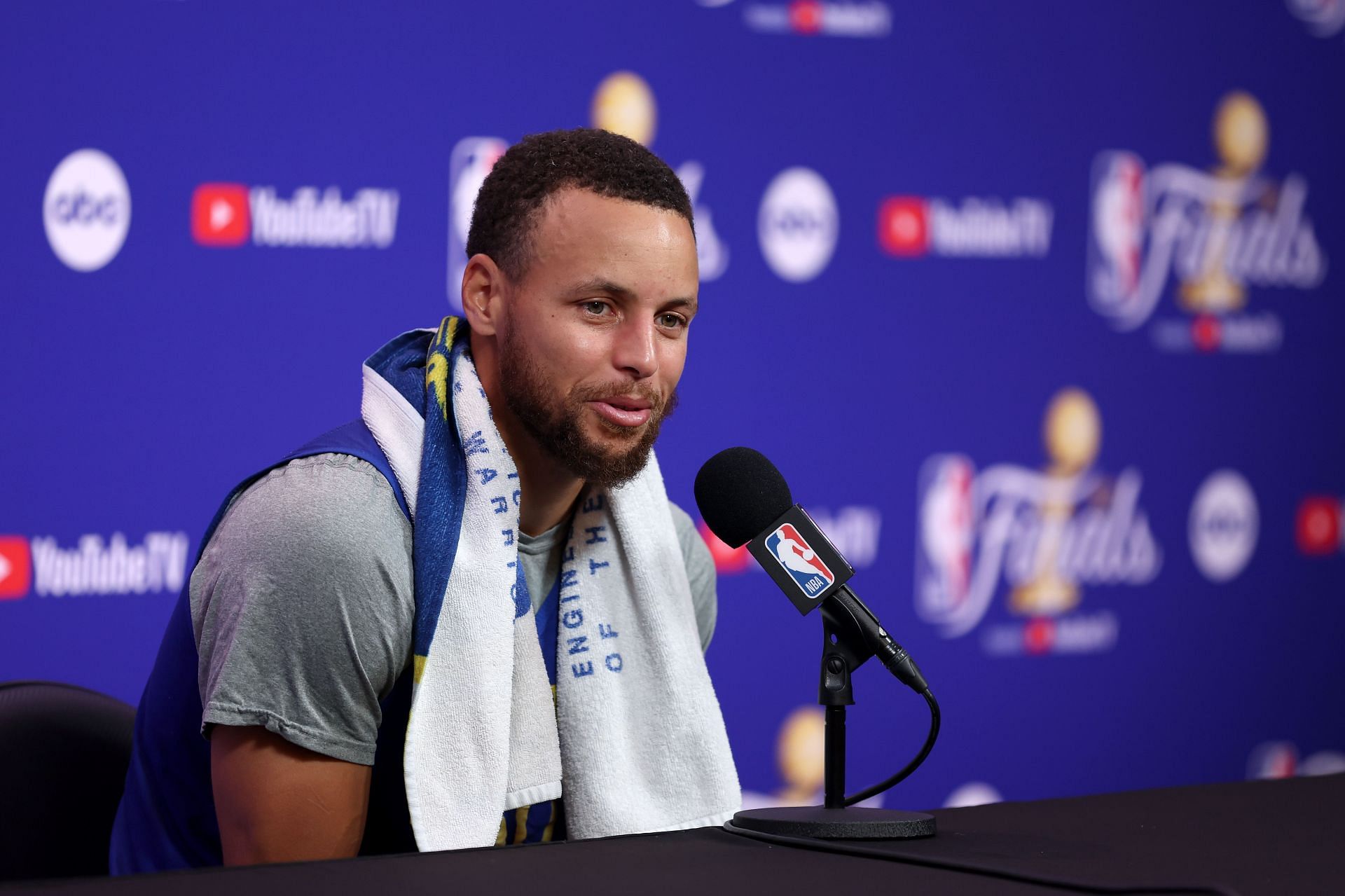 Steph Curry of the Golden State Warriors speaks at the 2022 NBA Finals Media Day