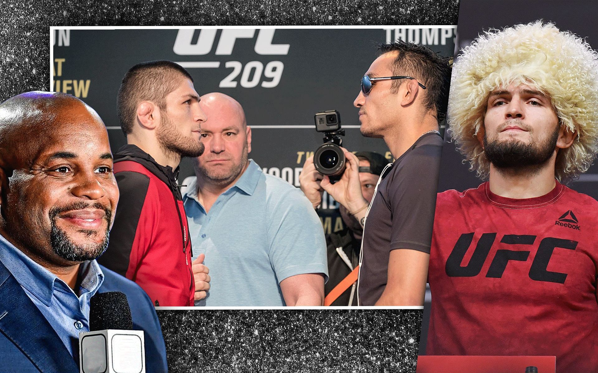 Daniel Cormier (left), Khabib Nurmagomedov and Tony Ferguson (center), Nurmagomedov (right) [Images courtesy of @dc_mma on Instagram and @mmafighting on Twitter]