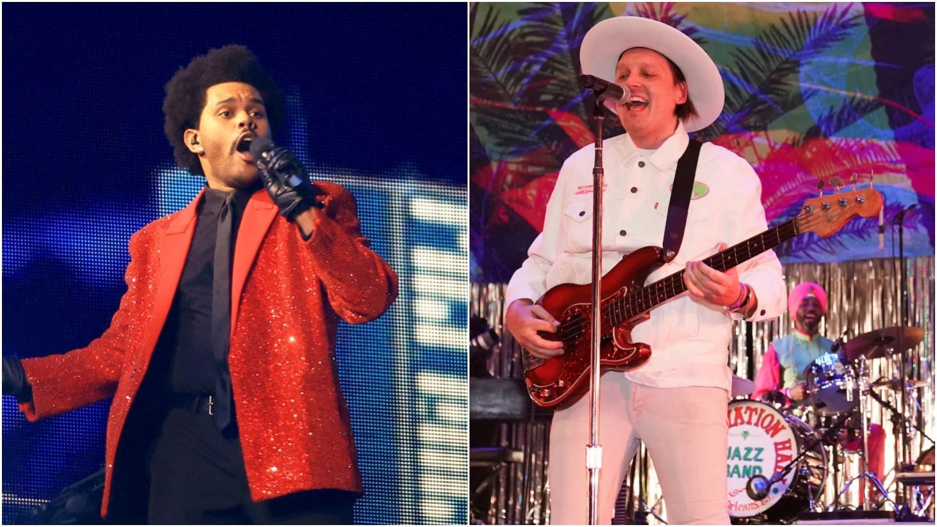 The Weknd and Arcade fire are among the long list for the Polaris Prize 2022. (Images via Mike Ehrmann and Erica Goldring/Getty)