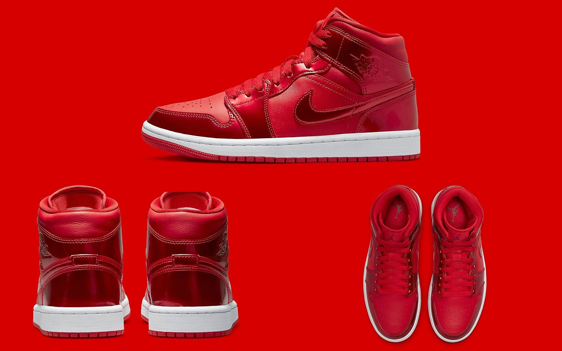 Take a closer look at the AJ 1 Mid Red Pomegranate shoes (Image via Sportskeeda)