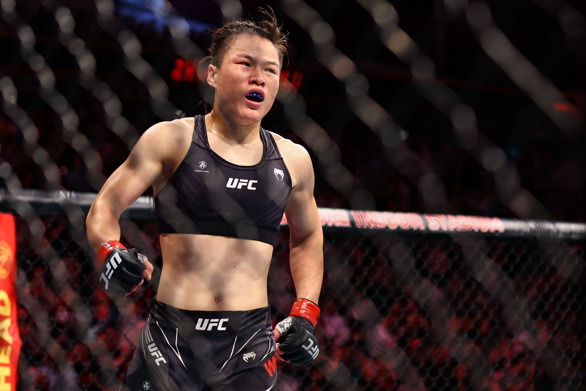 Zhang Weili reacts after knockout win over Joanna Jedrzejczyk