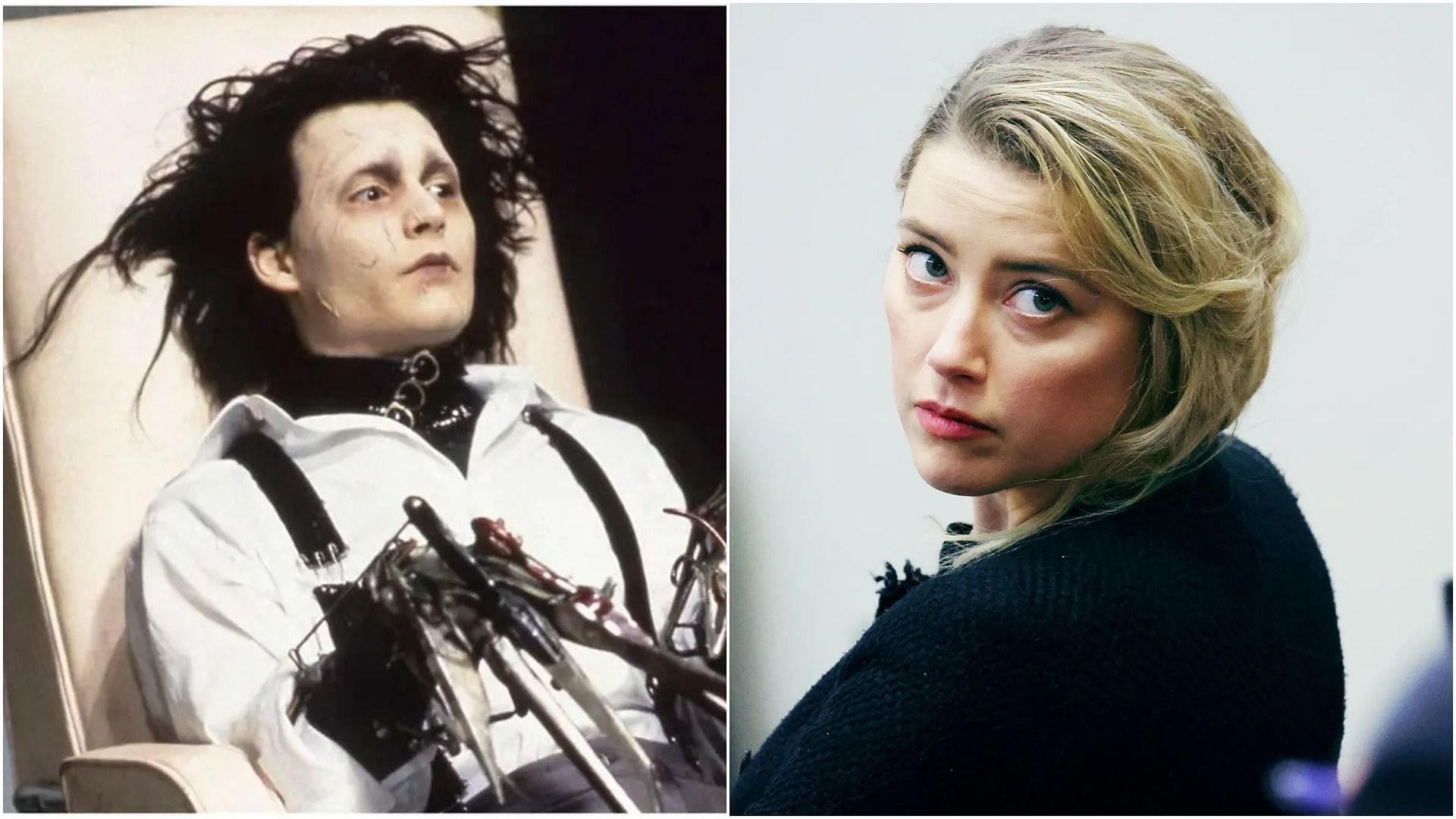 Johnny Depp as Edward Scissorhands and Amber Heard (Image via 20th Century Studios, and Michael Reynolds/Pool/AFP/Getty Images)