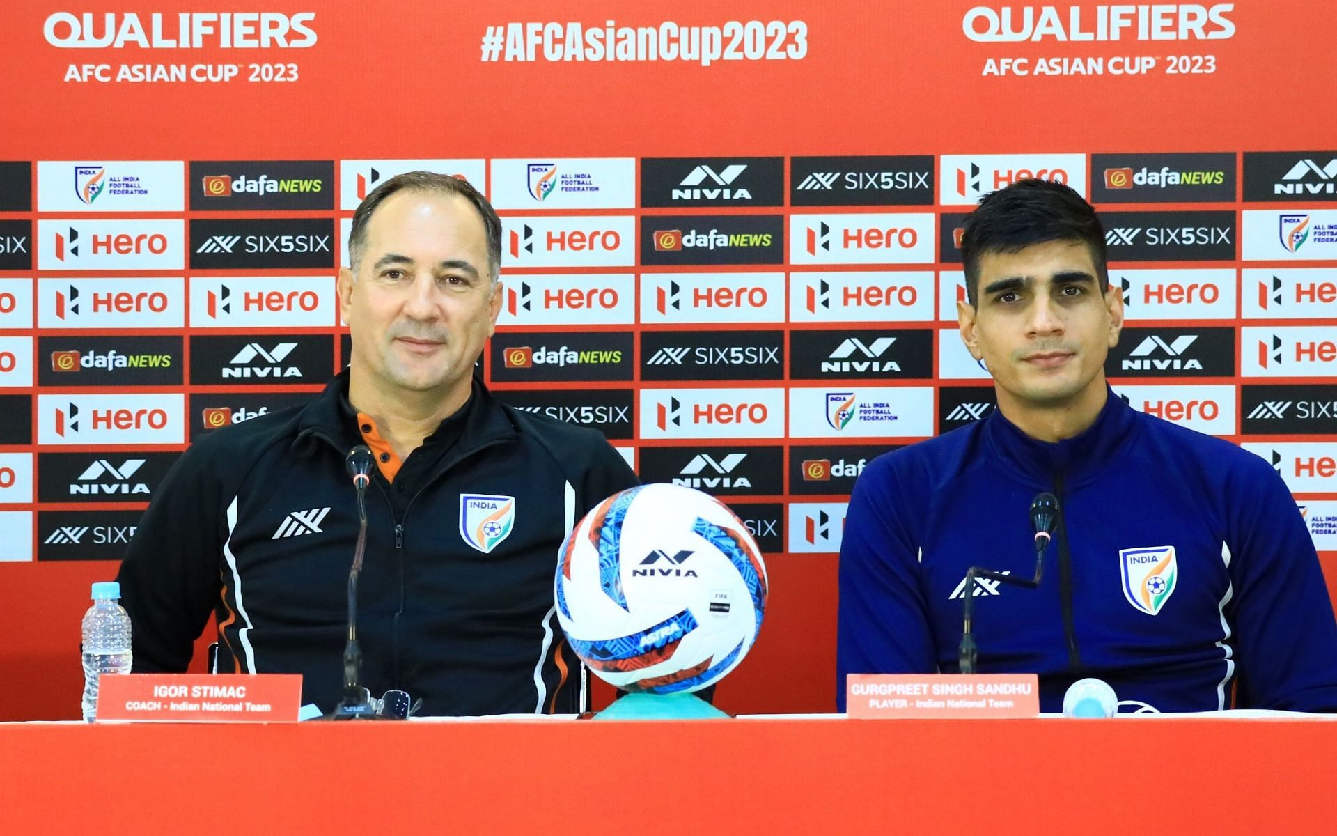 Head coach Igor Stimac (L) and Gurpreet Singh Sandhu at the press conference ahead of the Afghanistan clash. (Image Courtesy: AIFF)