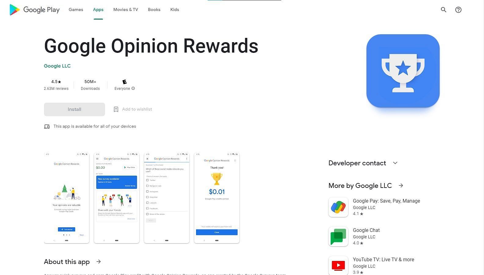 The Google Opinion Rewards app on the Play Store (Image via Google)
