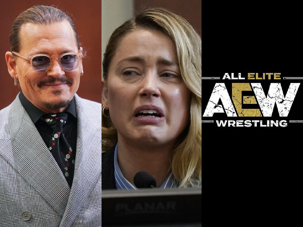 Johnny Depp (left), Amber Heard (center), AEW logo (right)