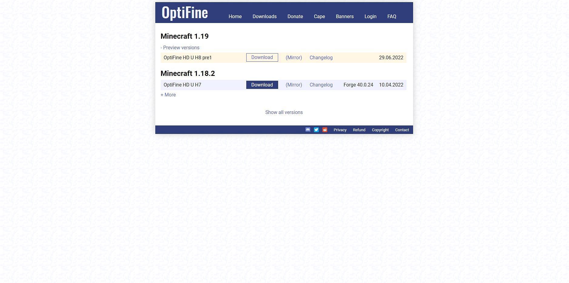 The 1.19 installation found on the OptiFine website (Image via OptiFine)